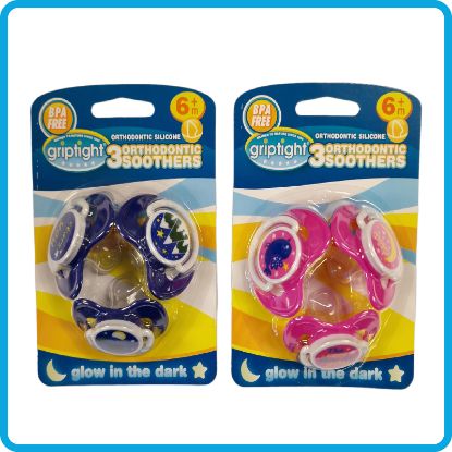 Picture of 3 Decorated Ortho Glow Soothers 6m+