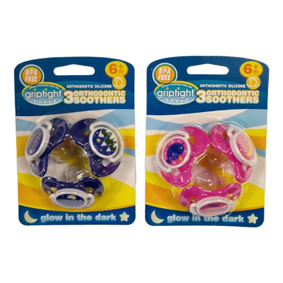 Picture of 3 Decorated Ortho Glow Soothers 6m+