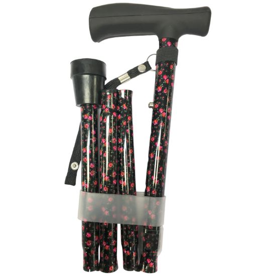 Picture of Black/Pink Flower Fold Walking Stick